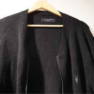 AllSaints Men’s Black Waffle Knit Zip Cardigan Sweater Size L